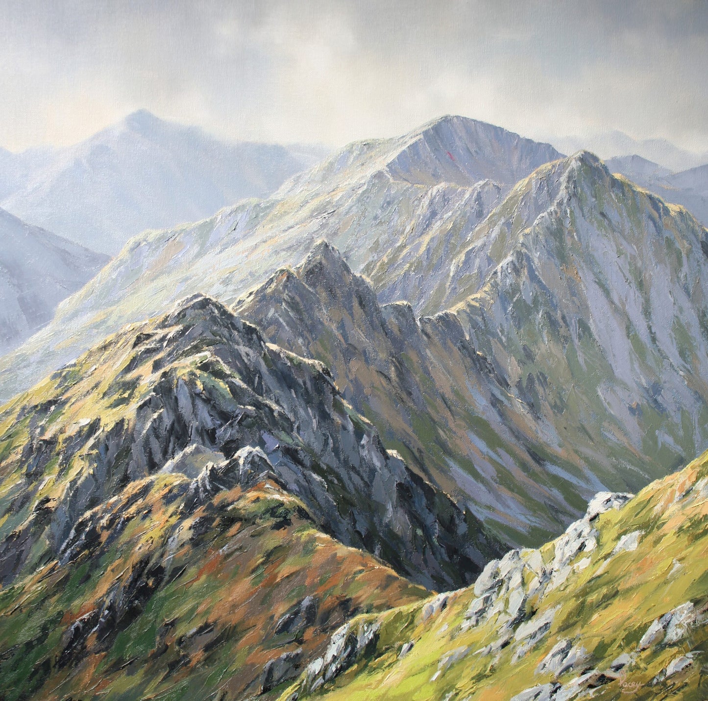 Painting of a mountain landscape with green and gray hues