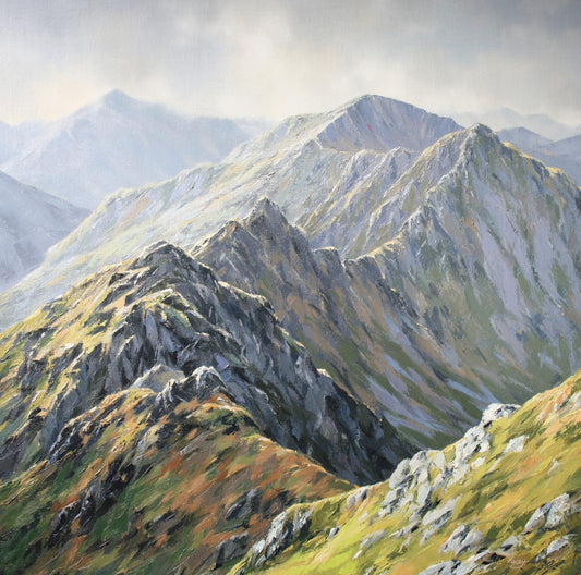 Painting of a mountain landscape with green and gray hues