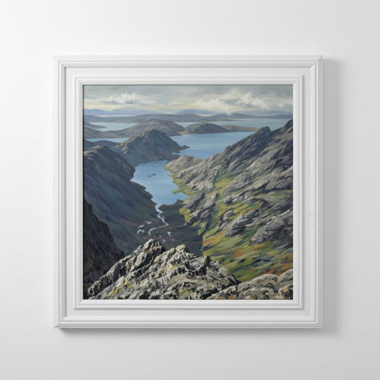 Framed mountain landscape painting on a wall