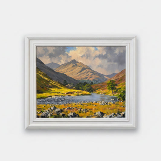 Framed painting of a mountain landscape with a lake