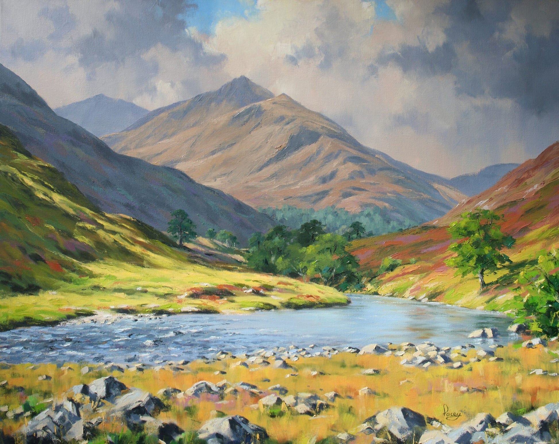 Painting of a mountain landscape with a river and greenery