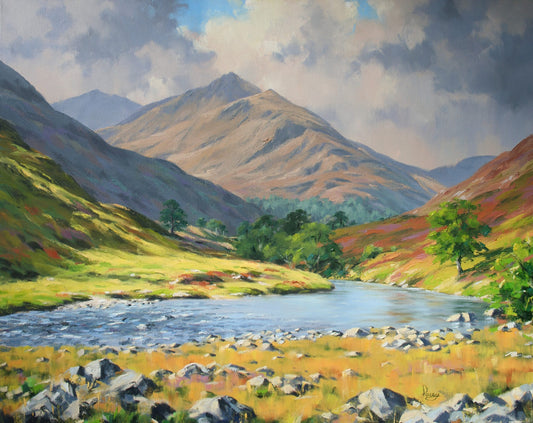 Painting of a mountain landscape with a river and greenery