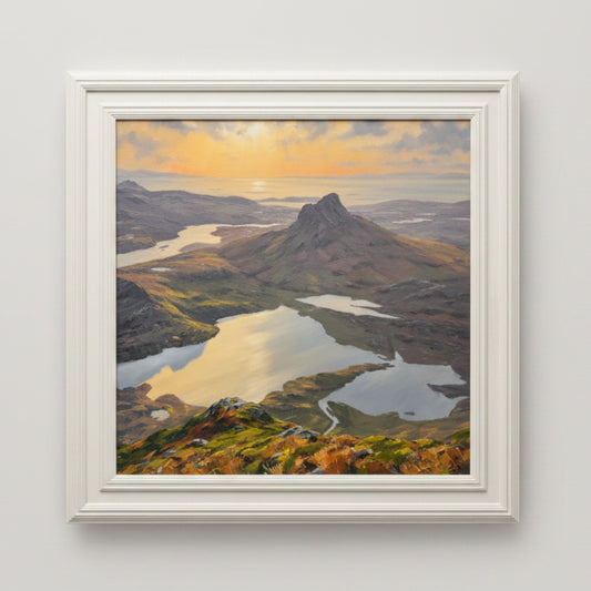 Framed painting of a mountain landscape with a lake and sunset.