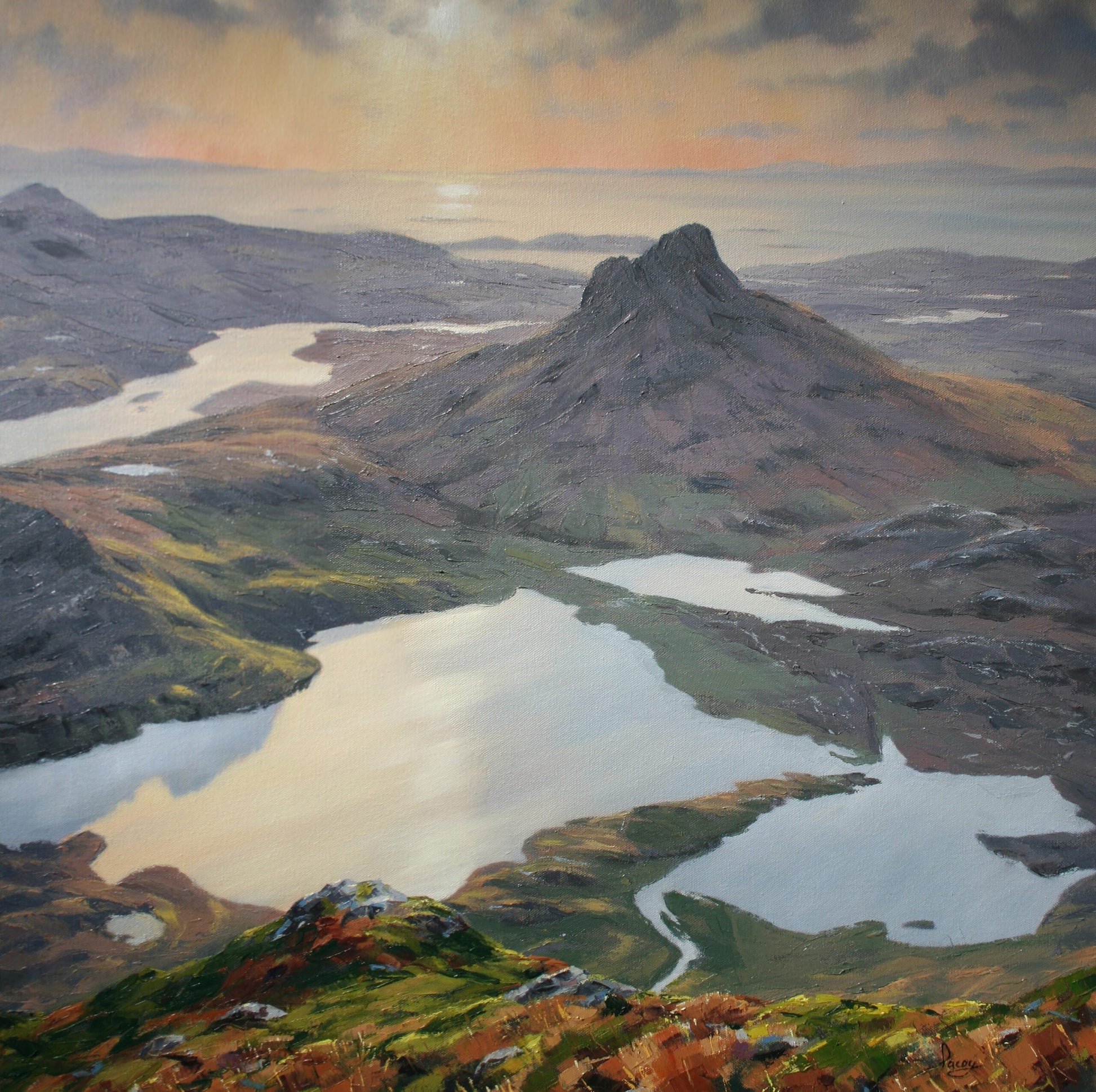 Painting of a mountain landscape with lakes and a sunset sky.