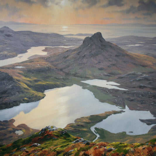 Painting of a mountain landscape with lakes and a sunset sky.