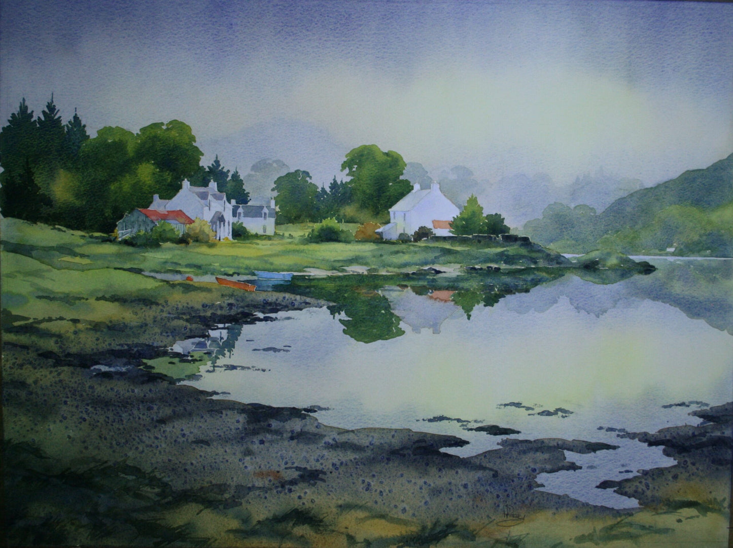 a watercolour painting of a lake with green fields and a few white houses.