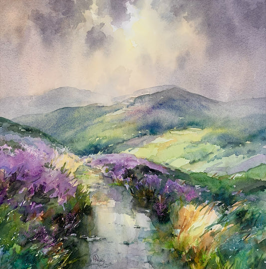 a watercolour painting of scottish mountains and purple heather