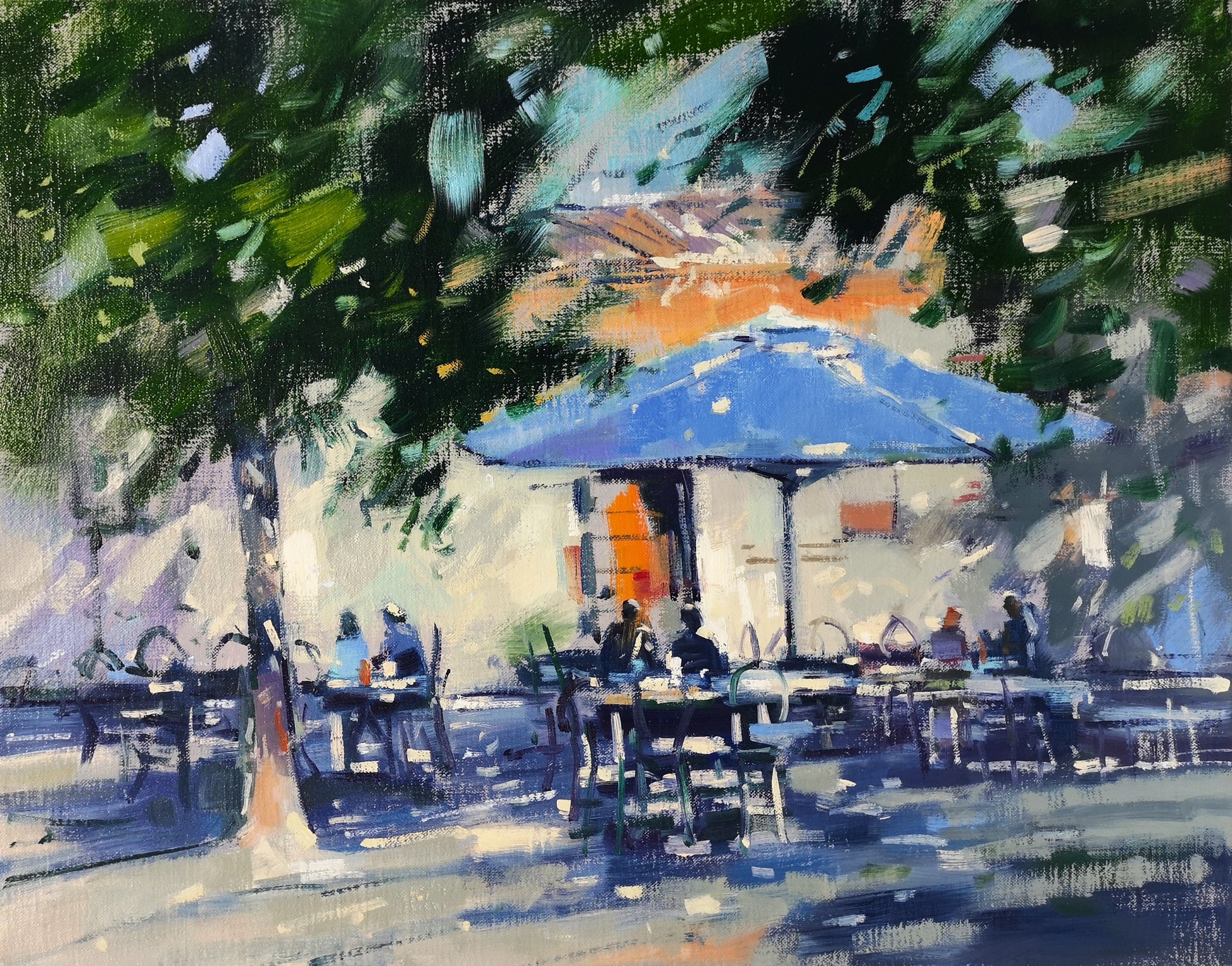 Painting of an outdoor cafe scene with blue umbrellas and people sitting at tables.