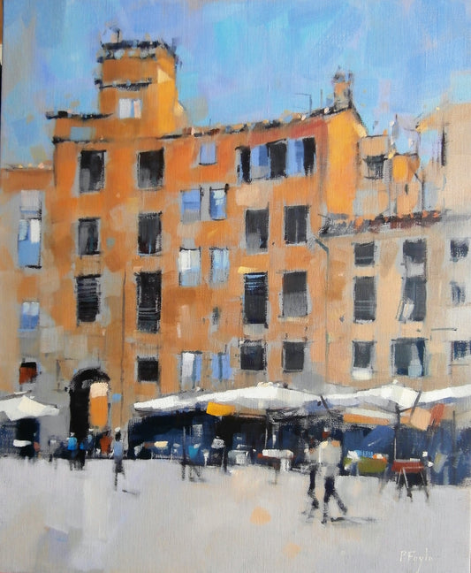 Painting of a city street with buildings and people