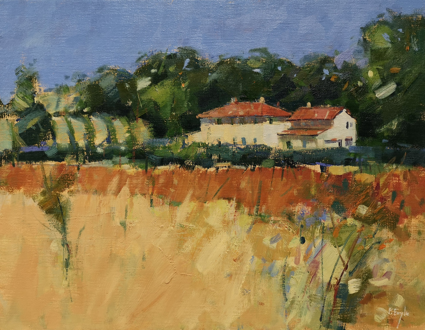 Painting of a rural landscape with buildings, trees, and fields.
