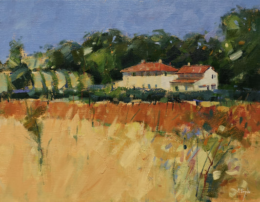 Painting of a rural landscape with buildings, trees, and fields.