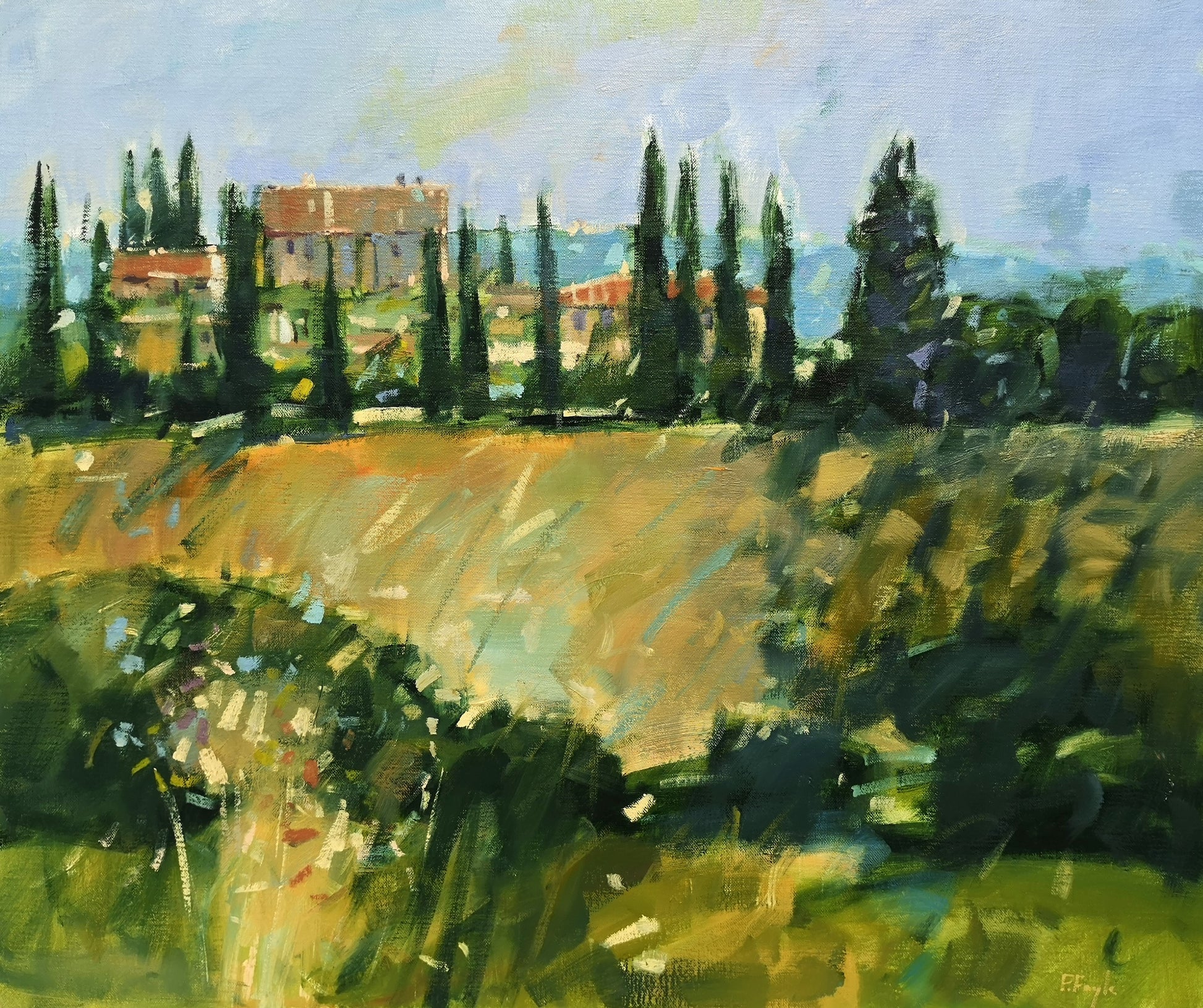 Painting of a landscape with trees, buildings, and fields.