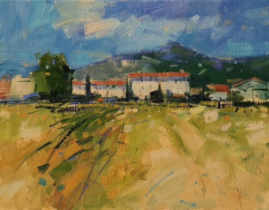 Painting of a Tuscan landscape with buildings, trees, and mountains.
