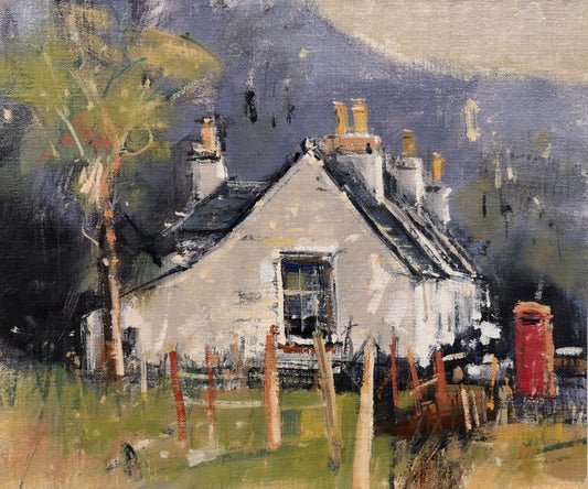 Painting of a white Scottish house with chimneys and a red postbox in a landscape.
