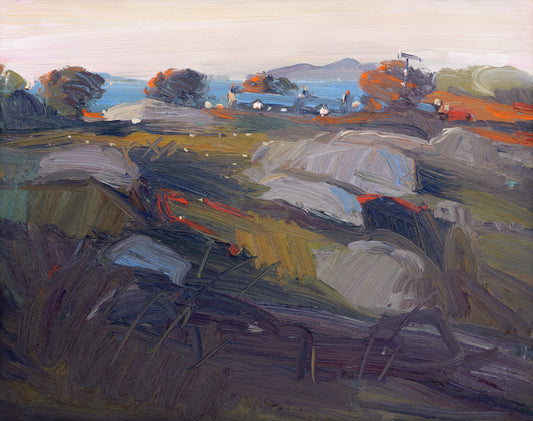 Painting of a landscape with fields and trees
