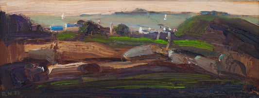 Painting of a coastal landscape with sail boats and hills.