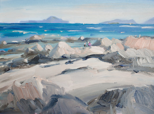 Artistic depiction of a coastal landscape with rocky shore and ocean.