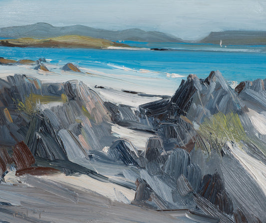 Painting of a coastal landscape with rocky shore and blue water