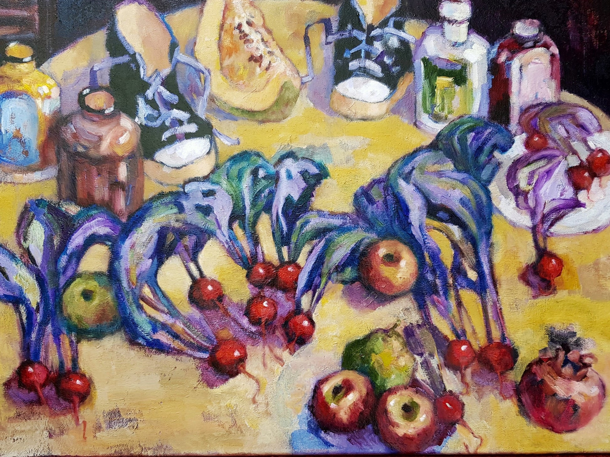Colorful still life painting with radishes, bottles, and shoes on a yellow table.
