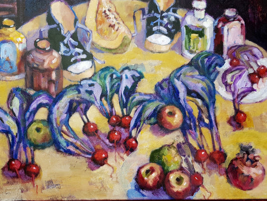Colorful still life painting with radishes, bottles, and shoes on a yellow table.