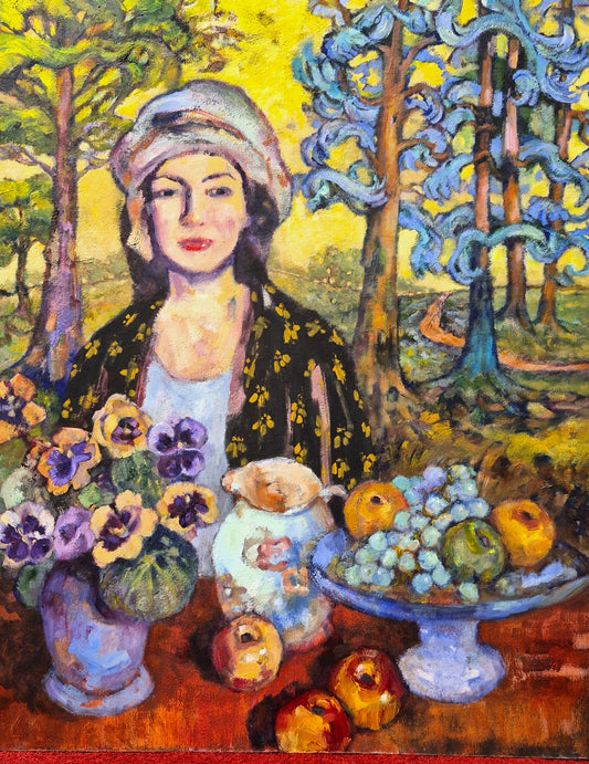 Painting of a woman with flowers and fruit in a forest setting