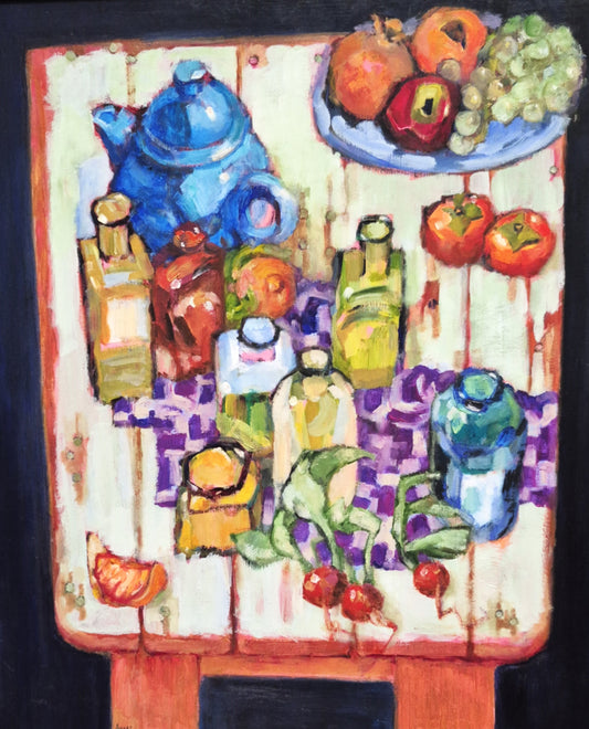 Colorful still life painting with fruits, vegetables, and a teapot on a wooden surface.