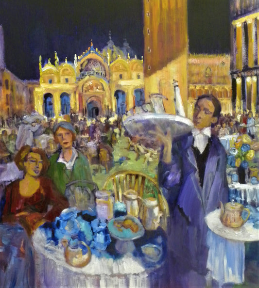 Painting of a lively outdoor Venice cafe scene with people and architecture at night.