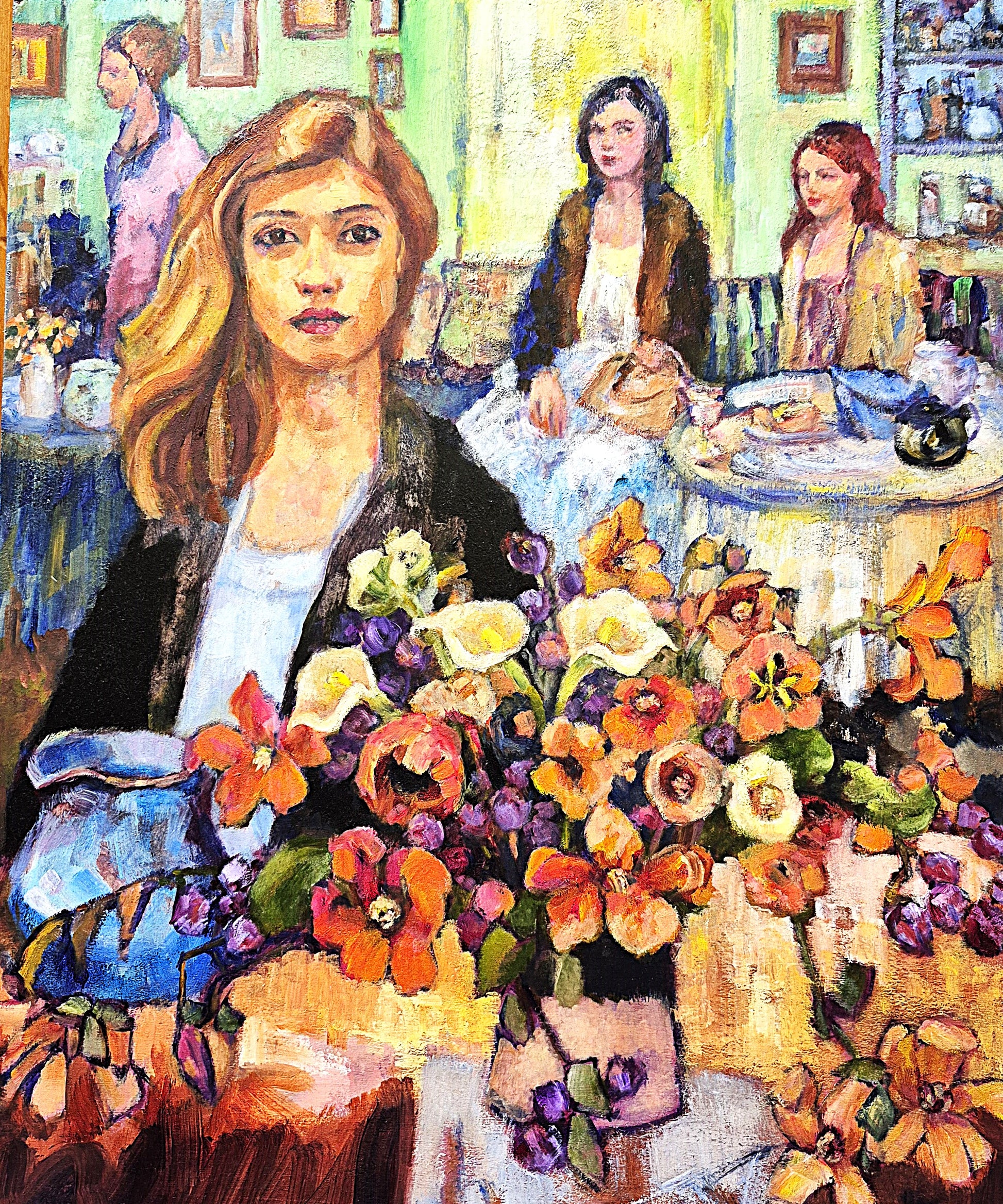 Artistic depiction of a woman with flowers in a cafe setting