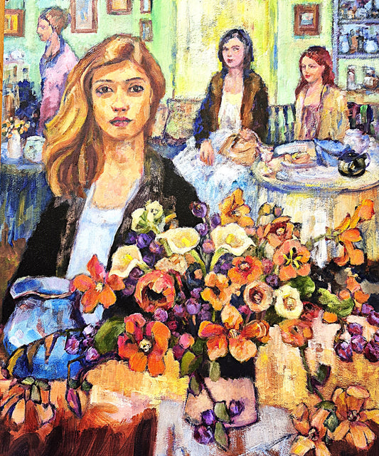Artistic depiction of a woman with flowers in a cafe setting