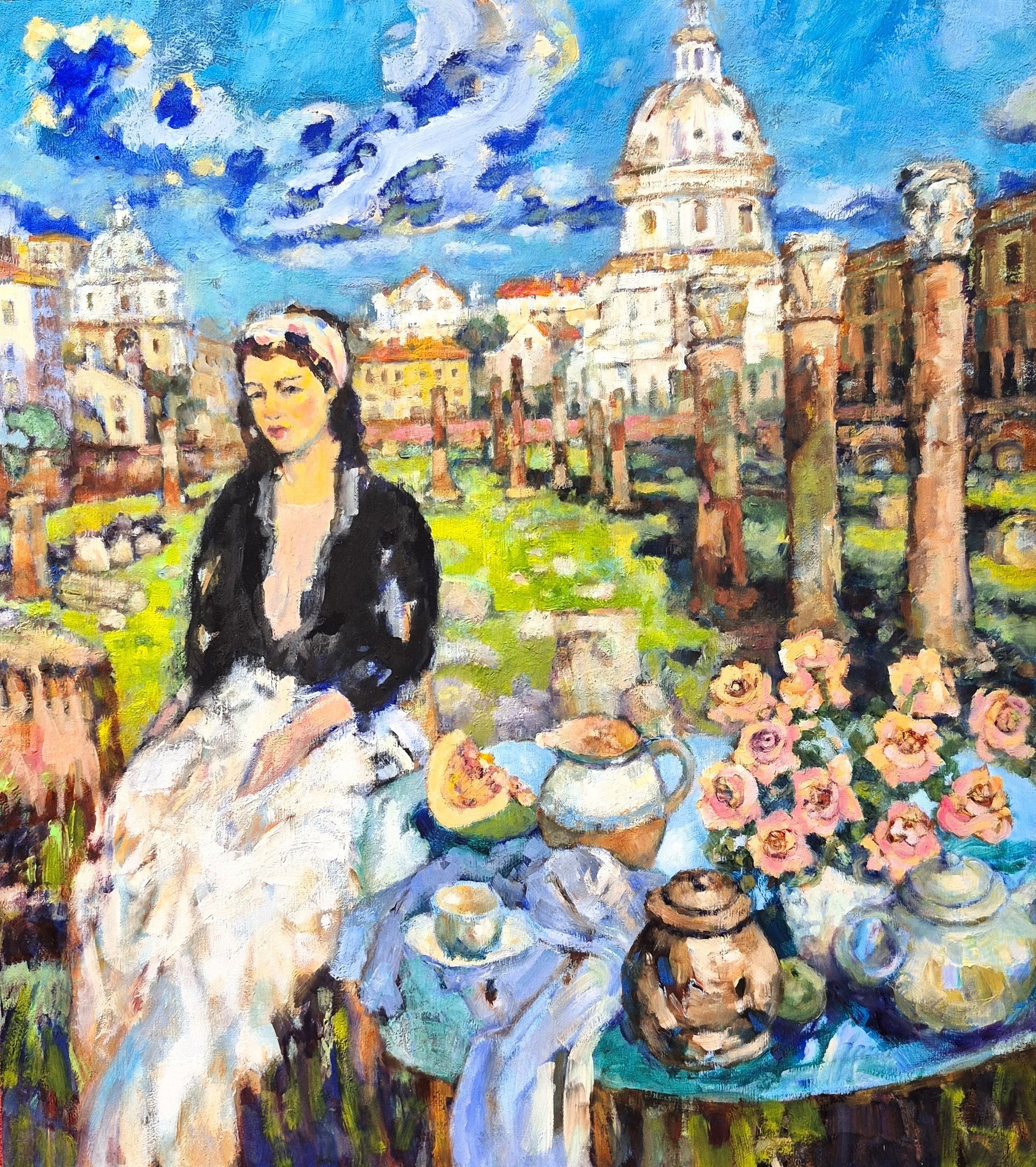 Painting of a woman in a garden with classical architecture in the background