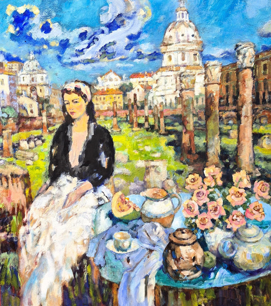 Painting of a woman in a garden with classical architecture in the background