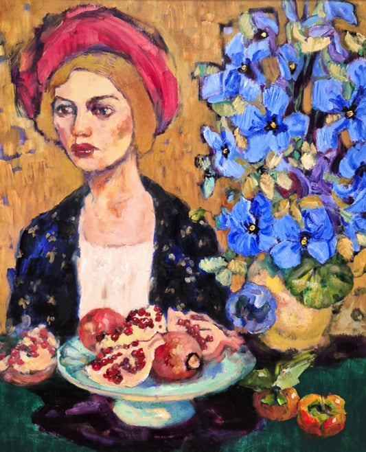 Painting of a woman with a red hat and a plate of pomegranates, surrounded by blue flowers.