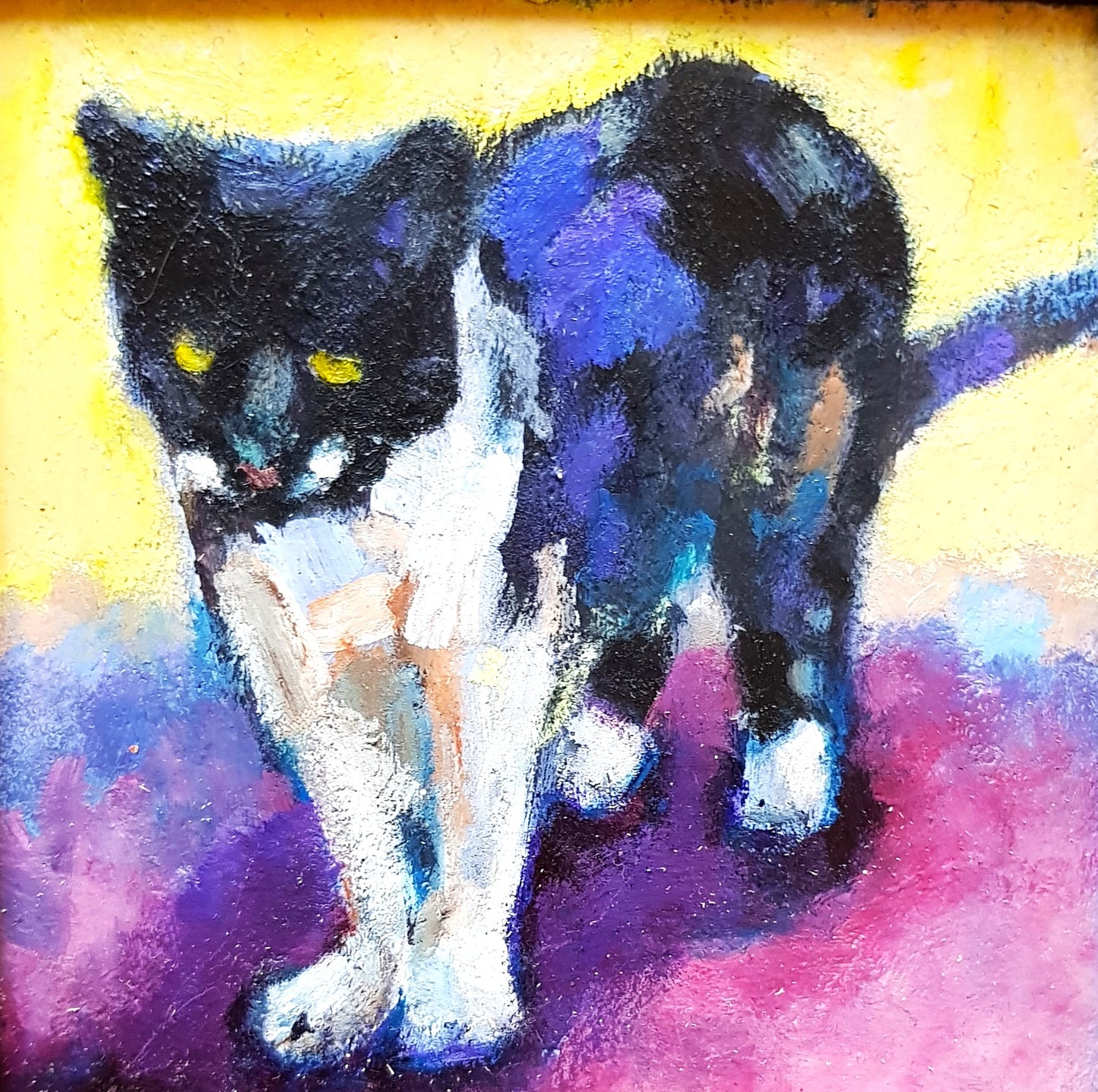 Colorful abstract painting of a black and white cat on a yellow and pink background