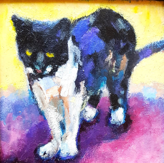 Colorful abstract painting of a black and white cat on a yellow and pink background