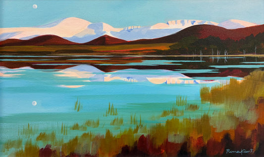 Painting of a landscape with mountains, lake, and trees.