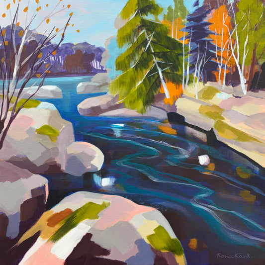 Framed abstract painting of a cool blue river in a woodland setting.