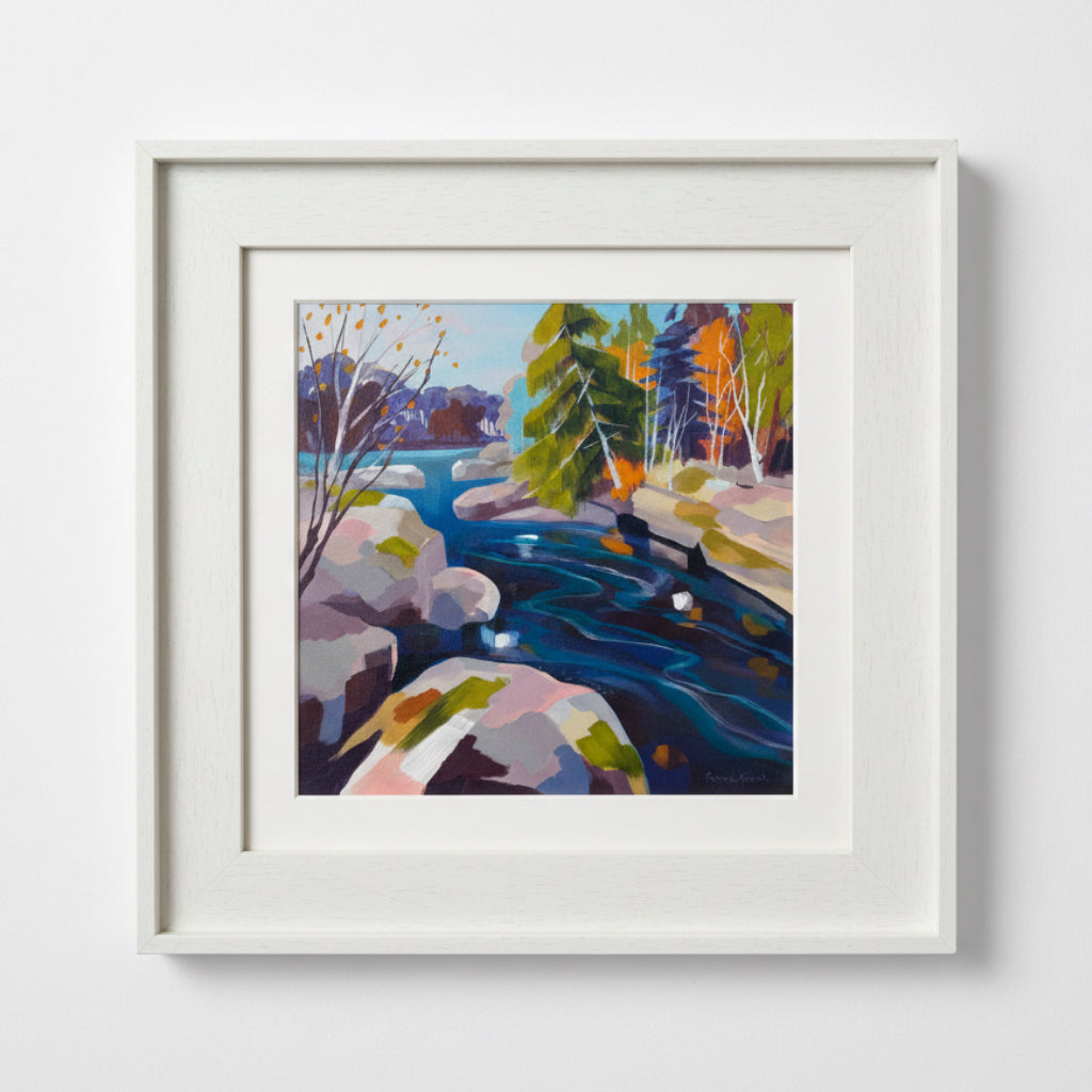 Framed abstract painting of a cool blue river in a woodland setting.