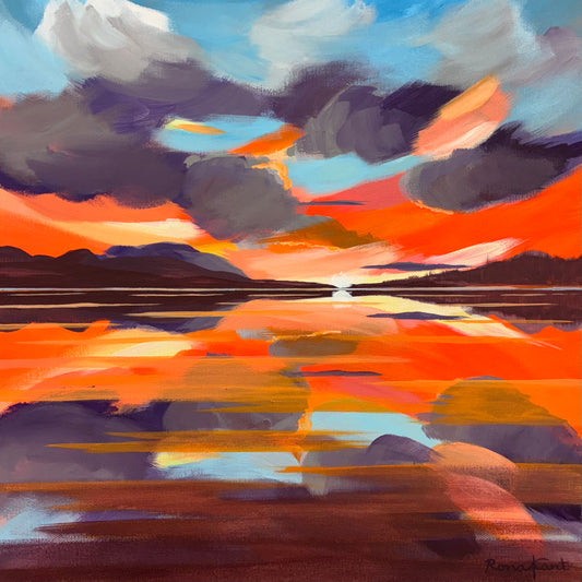 colourful sea and sky painting of the sun setting over the lake.