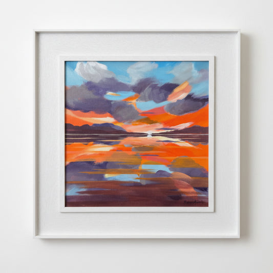 Framed abstract landcsape painting with colorful brushstrokes.