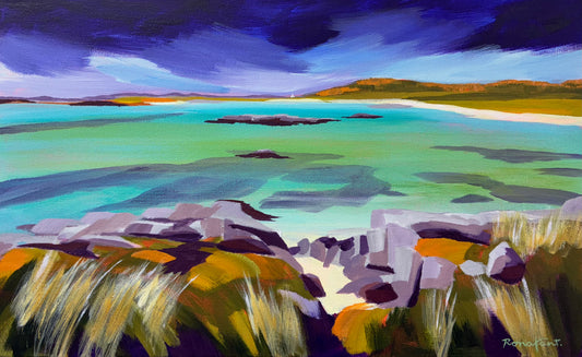 Painting of a coastal landscape with a blue sky, green water, and rocky shore.