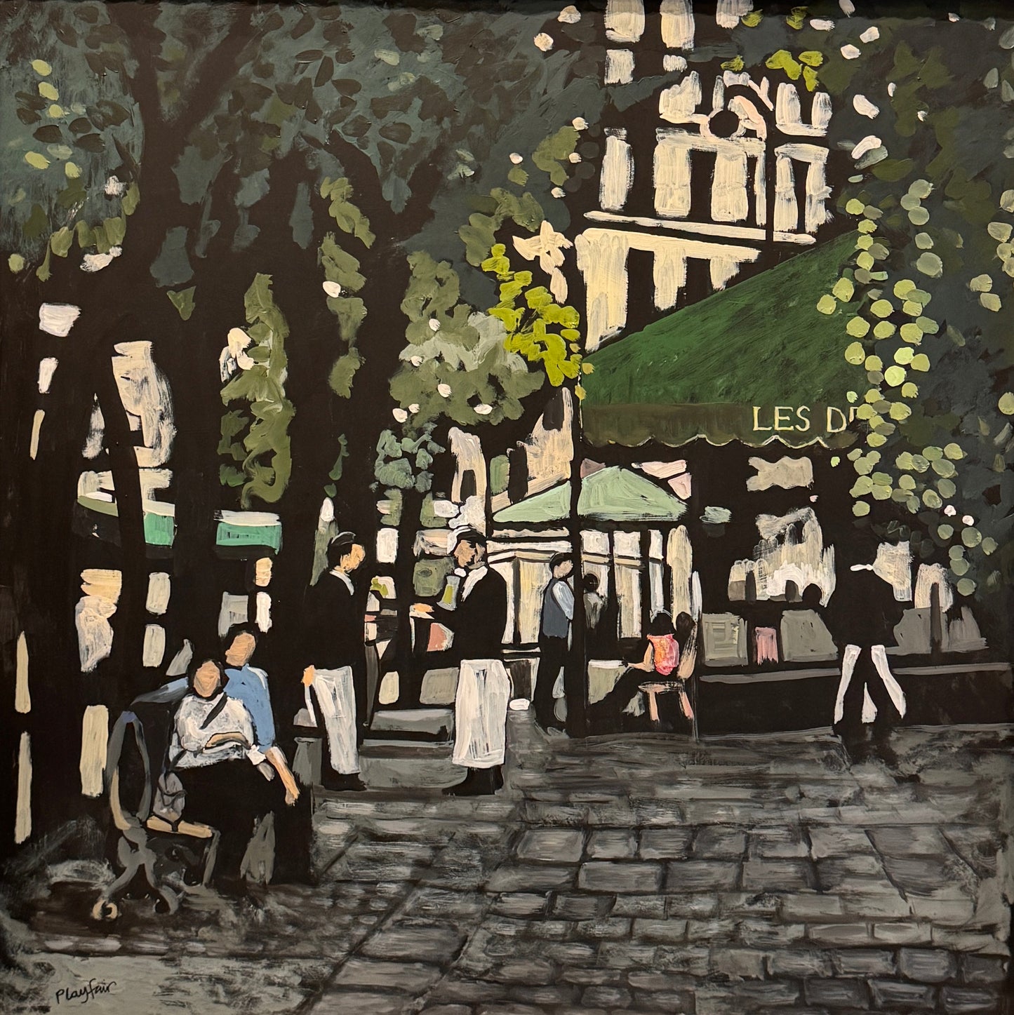 Painting of a street scene with people and a café named 'Les Deux Magots' under trees.