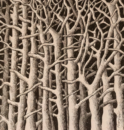Framed artwork of tree trunks on a beige background