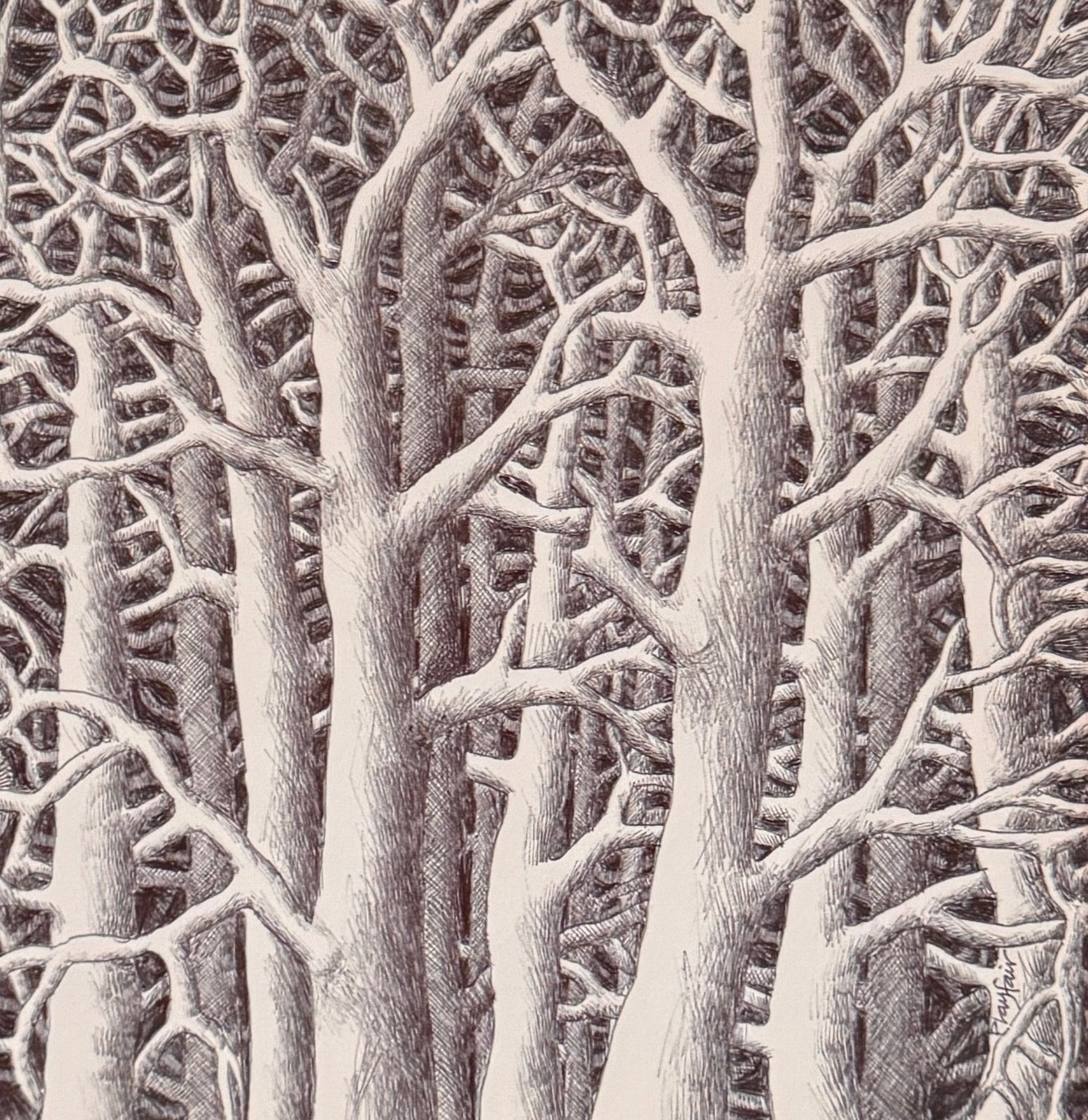 Framed artwork of a black and white tree silhouette on a dark background