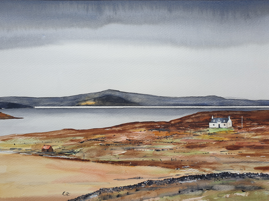 Landscape painting of a house near a body of water with a cloudy sky.