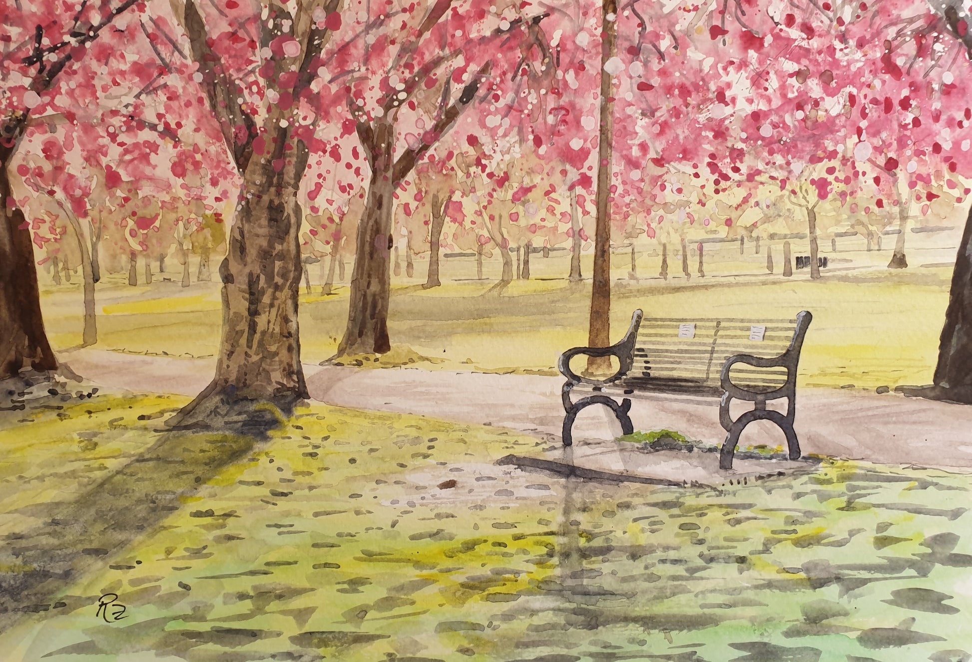 Painting of a park with cherry blossom trees and benches
