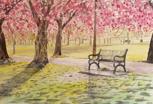 Painting of a park with cherry blossom trees and benches