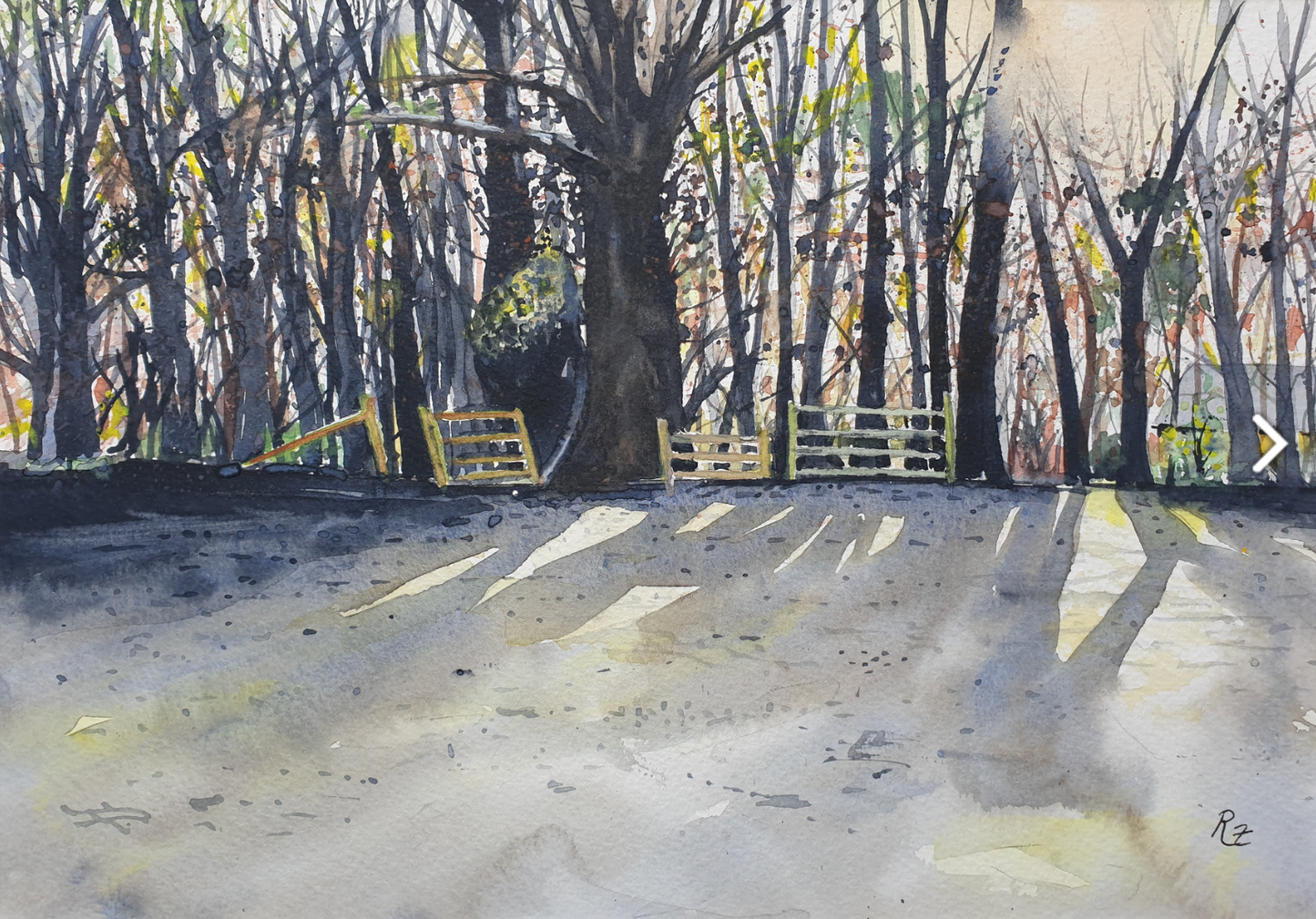 Watercolor painting of a forest path with trees and a fence.