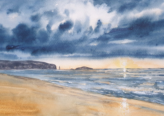 Painting of a beach scene with a sunset over the ocean and clouds in the sky.