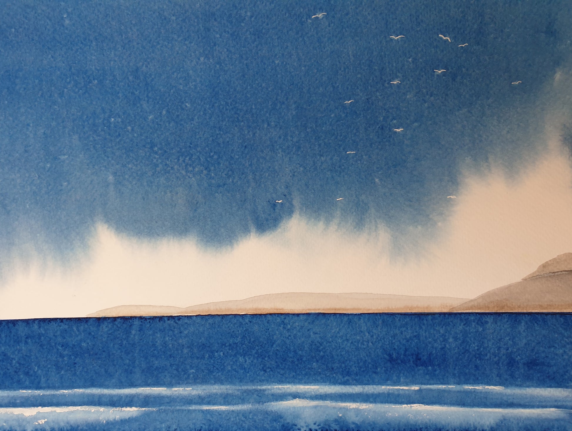 Artistic depiction of a landscape with a blue sky, white clouds, and a body of water.