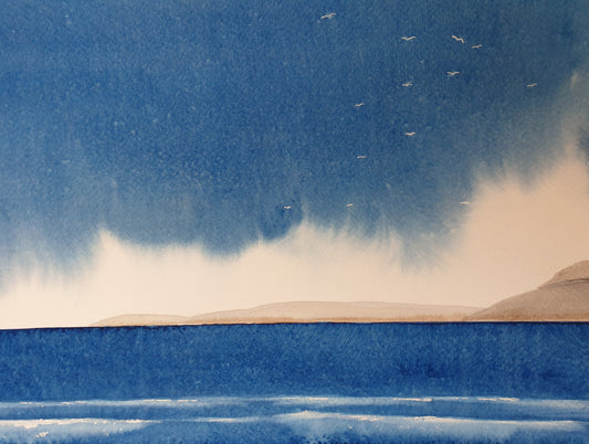 Artistic depiction of a landscape with a blue sky, white clouds, and a body of water.